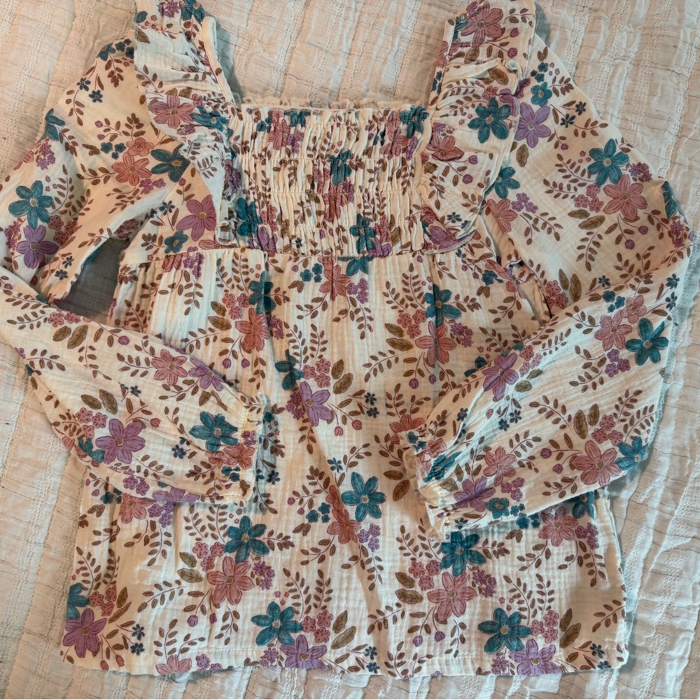 Cream Floral Smocked Long-Sleeve Top